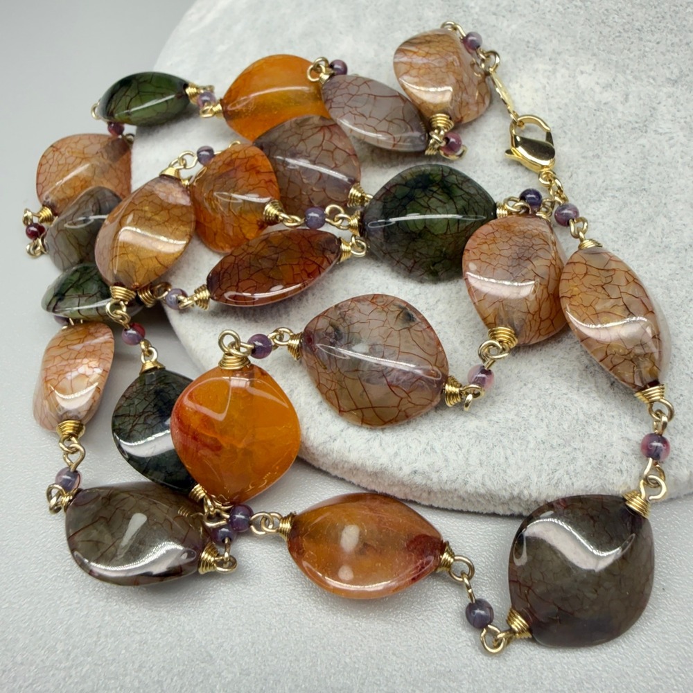 Multi-Color Acrylic Dragon Vein Bead Chain Necklace 32" Fall‎ Colors Bohemian